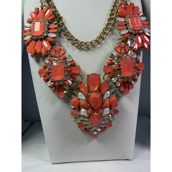 3 pink coral statement bib flower floral bling enamel necklaces bundle lot - Picture 4 of 16